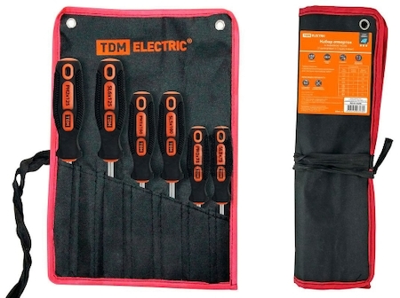 TDM ELECTRIC SQ1013-0203 Набор отверток 6 шт.: SL:3х75;5х100;6х125, PH:0х75;1х75;2х100 (тканевый чехол), CR-V "Алмаз" TDM